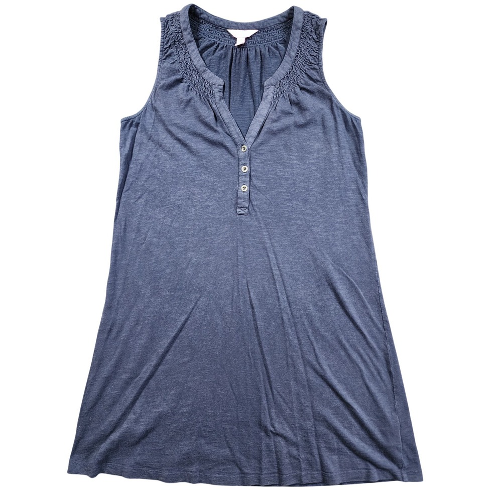 Lilly Pulitzer Smocked Henley Tank Top Slub Knit Casual Women Medium Navy Blue